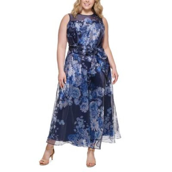 Eliza J Pants - Eliza J 18W Plus Navy Floral Organza Wide-Leg Jumpsuit NWT